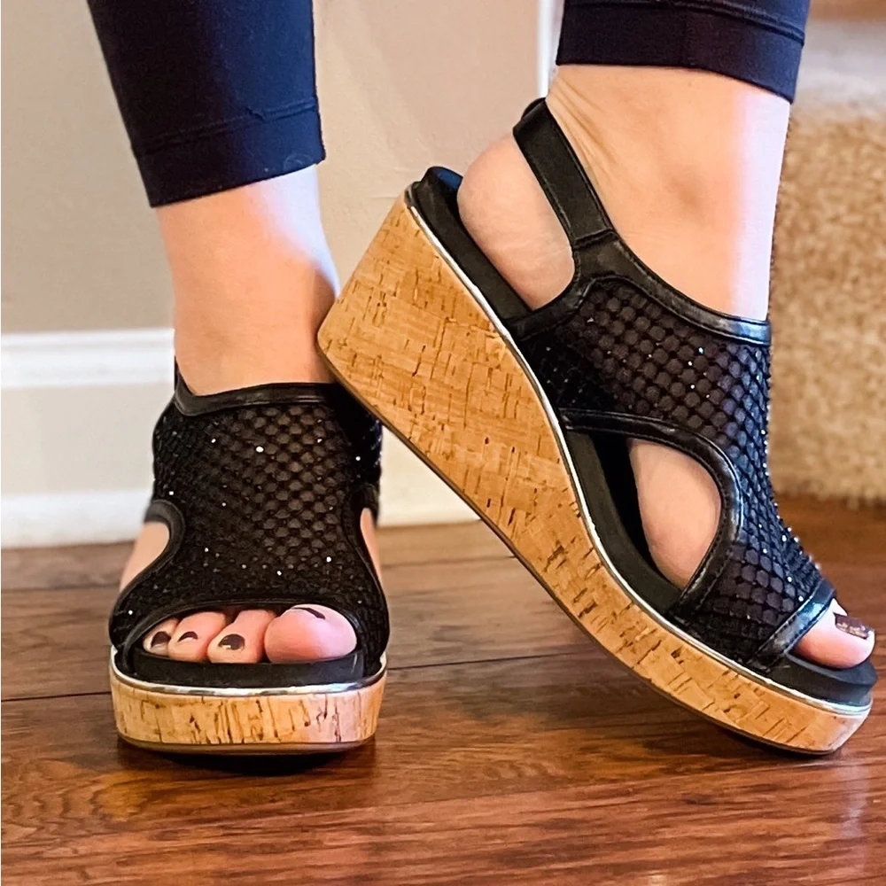 Corkys Black Mesh Cork Wedge Sandals